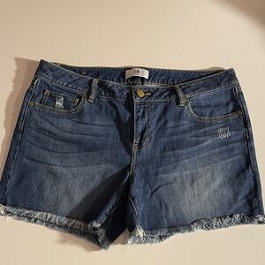 CAbi Dark Blue Denim Jean Shorts with Frayed Hem